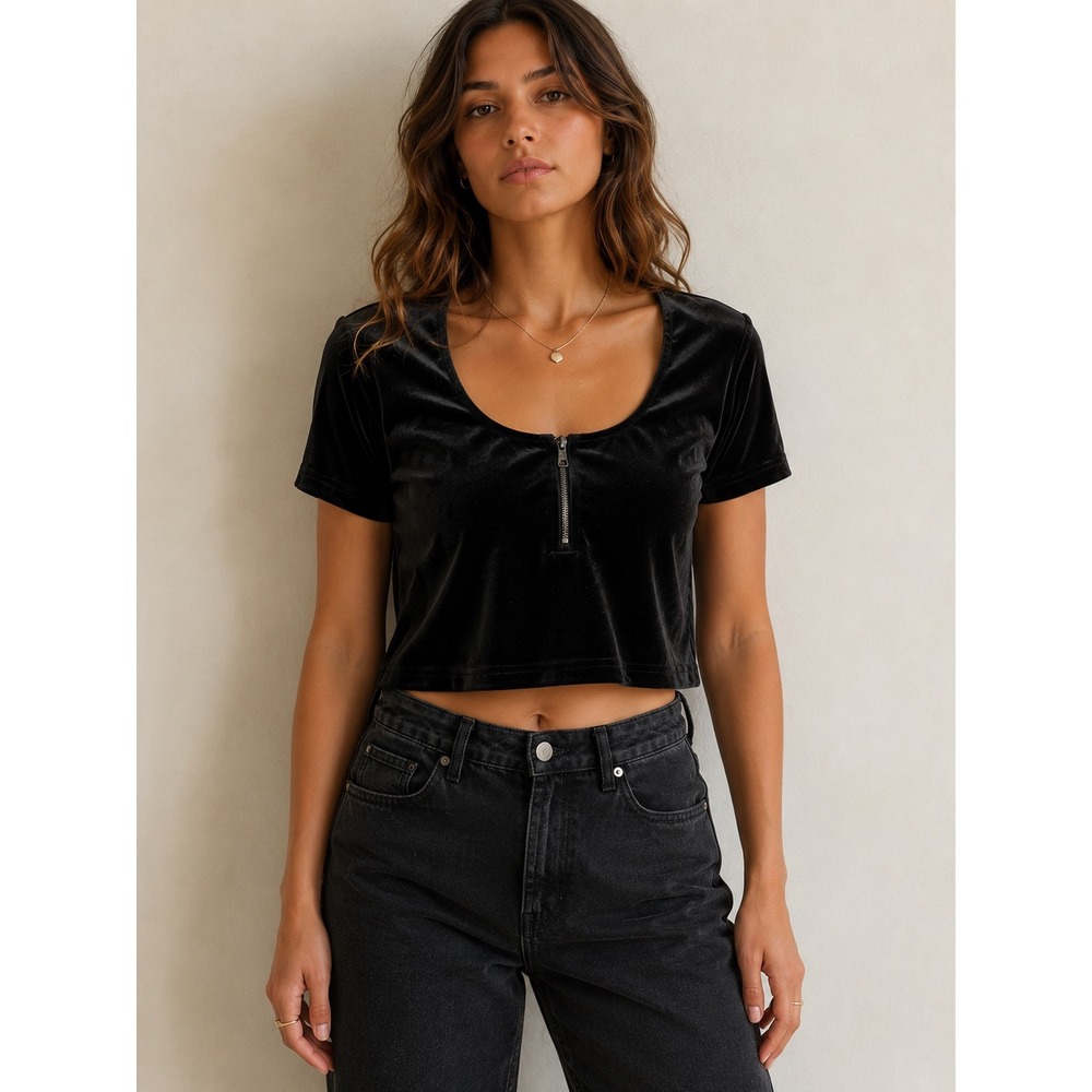 Vero Moda Velvet Crop Top Women Size M Black Quarter Zip Square Neck Goth Chic